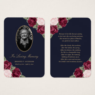 Tarjeta de oración azul de fúnebre floral rosa de
