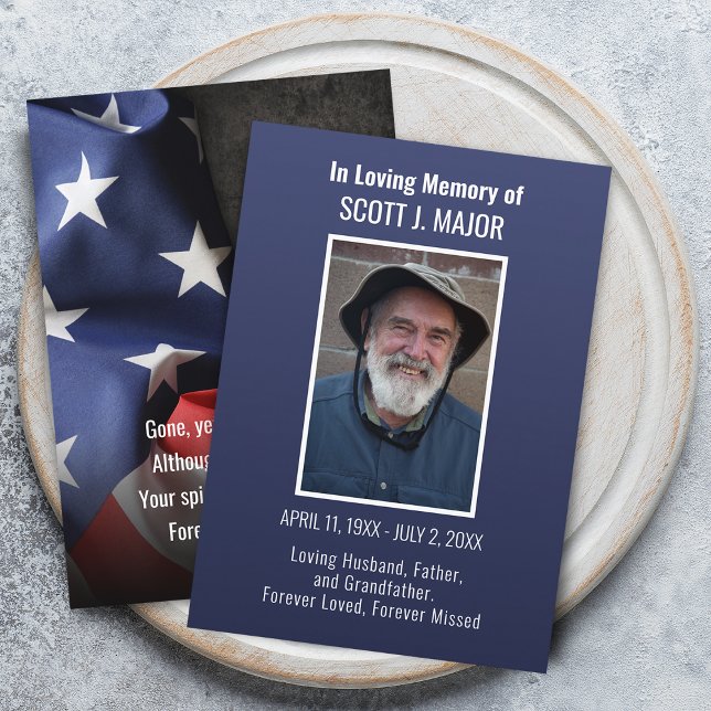 Tarjeta de oración azul de funeral memorial con fo (Flag Funeral Memorial Photo Blue Prayer Card)