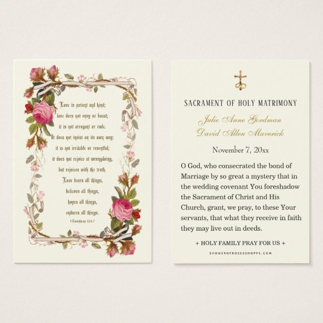 Tarjeta de oración católica de bodas con rosas ros (Anverso y reverso)