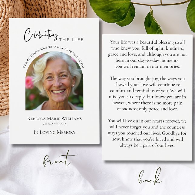 Tarjeta de oración con foto de arco moderno que ce (Modern Celebrating The Life Arch Photo Prayer Card
)
