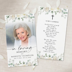 Tarjeta de oración con foto de cruz floral blanca 