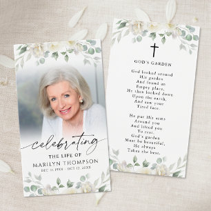 Tarjeta de oración con foto floral conmemorativa J