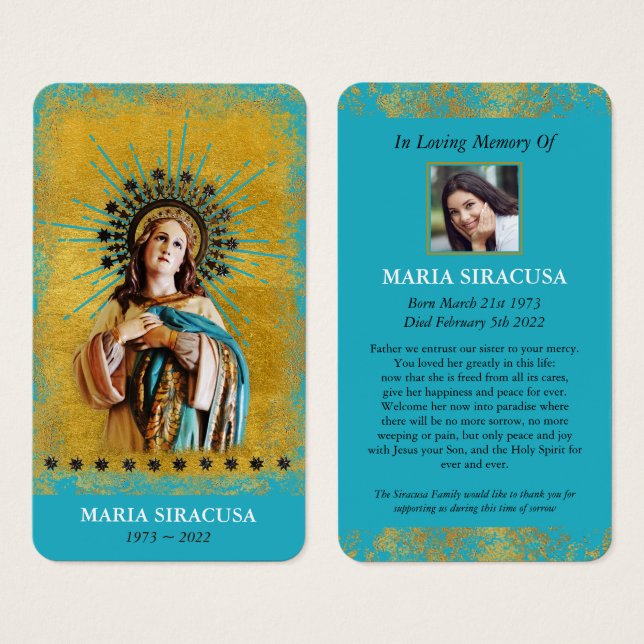 Tarjeta de oración conmemorativa conmemorativa de  (Anverso y reverso)