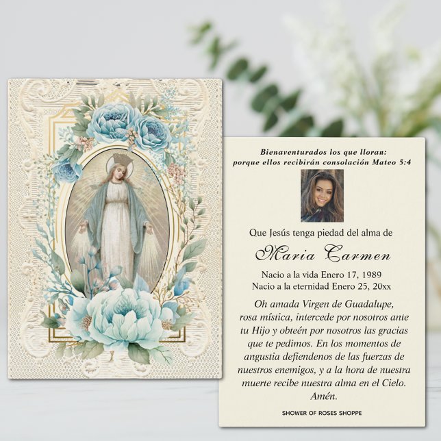 Tarjeta de oración conmemorativa de la Virgen Marí (Catholic Spanish Funeral Prayer Card with the Blessed Virgin Mary, Our Lady of Grace)