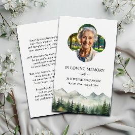 Tarjeta de oración conmemorativa de montañas y árb