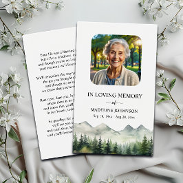 Tarjeta de oración conmemorativa de montañas y árb