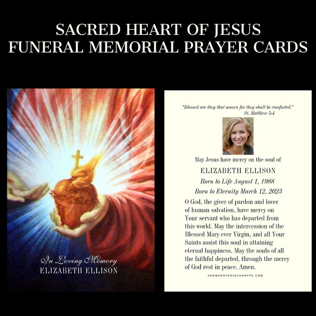 Tarjeta de oración conmemorativa del funeral de Je (CATHOLIIC FUNERAL MEMORIAL PRAYER CARDS WITH THE SACRED HEART OF JESUS. )