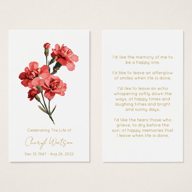Tarjeta de oración conmemorativa funeral de clavel (Anverso y reverso)