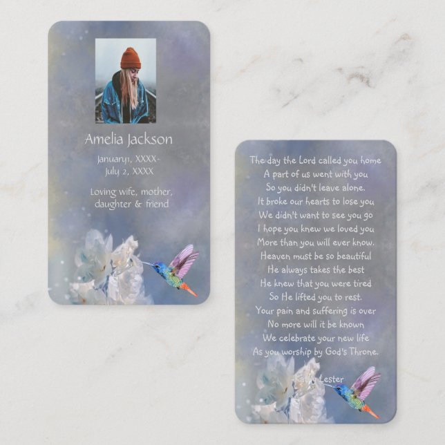 Tarjeta de oración conmemorativa Hummingbird Flore (Anverso / Reverso)