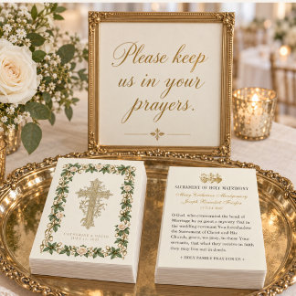Tarjeta de oración de boda católica con rosas blan