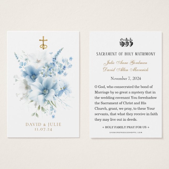 Tarjeta de oración de boda católica floral azul (Anverso y reverso)