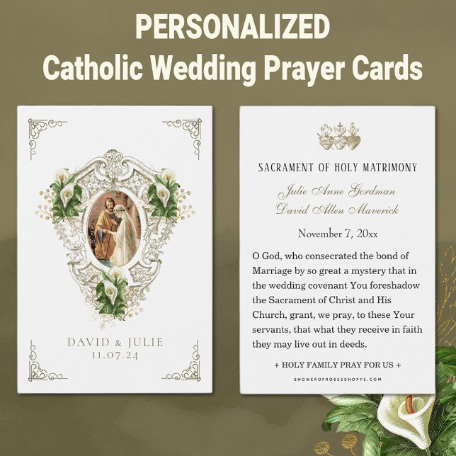 Tarjeta de oración de Boda floral católico (Traditional Catholic Personalized Wedding Prayer Cards with Calla Lilies)