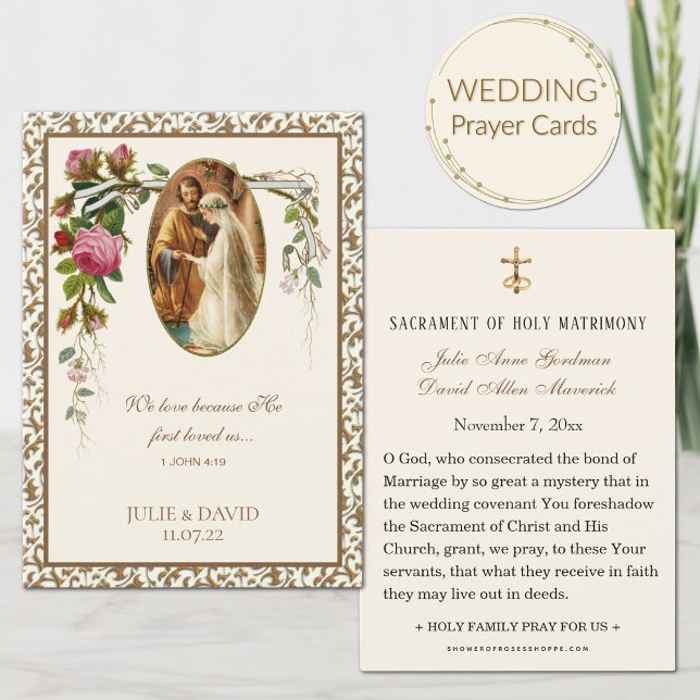 Tarjeta de oración de boda floral dorada con escri (Subido por el creador)