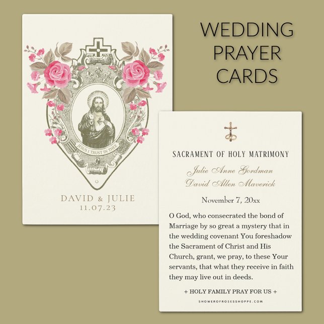 Tarjeta de oración de boda religiosa de rosas rosa (Sacred Heart of Jesus Catholic Wedding Prayer cards)