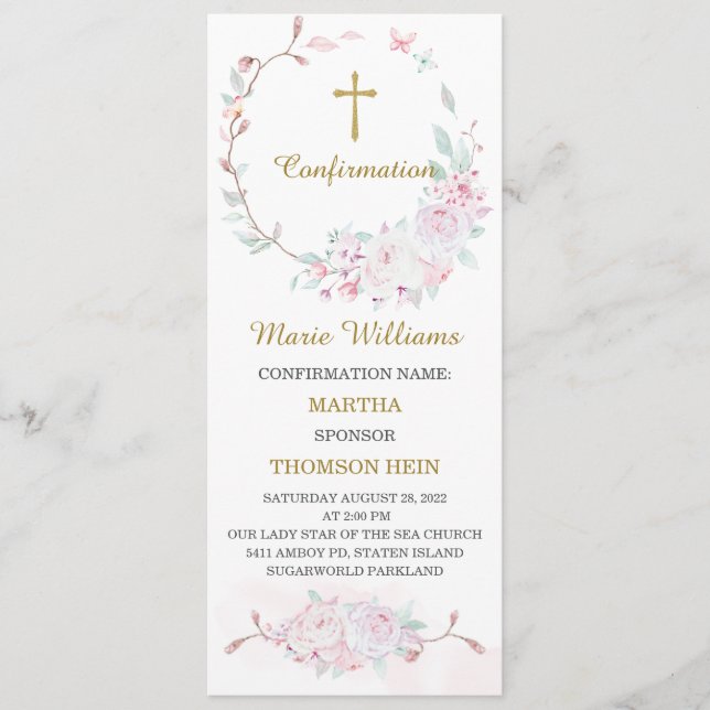 Tarjeta de Oración de Confirmación Rosa Personaliz (Anverso)