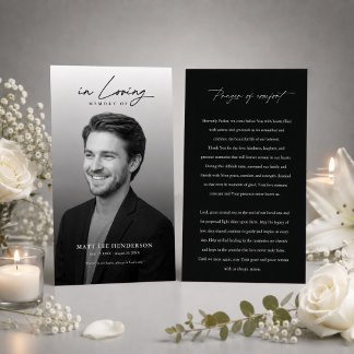 Tarjeta de oración de foto de funeral en blanco y