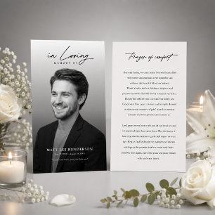 Tarjeta de oración de foto de funeral en blanco y
