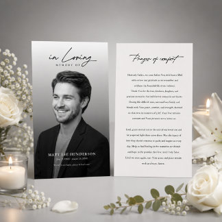 Tarjeta de oración de foto de funeral en blanco y