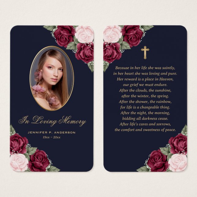 Tarjeta de oración de funerales Blue Red Pink Rose (Anverso y reverso)