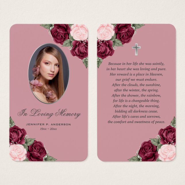 Tarjeta de oración de funerales florales de plata  (Anverso y reverso)