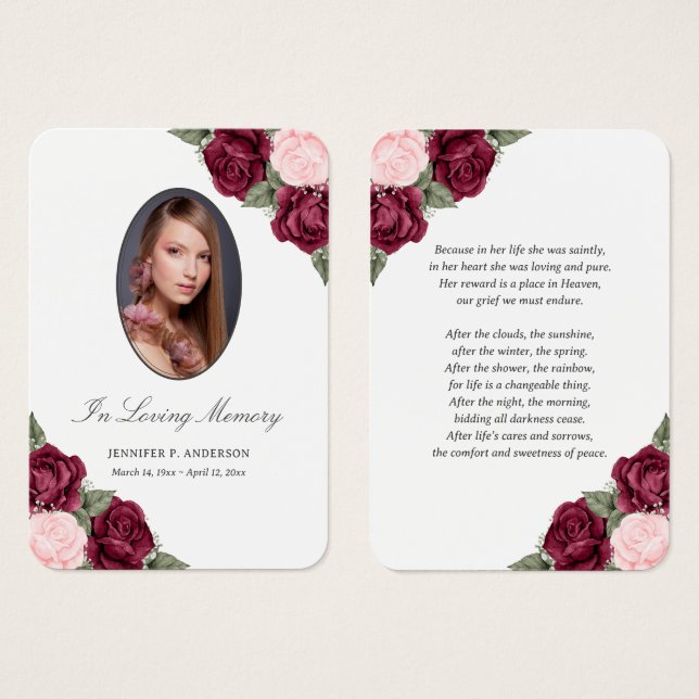 Tarjeta de oración de funerales florales rojos (Anverso y reverso)