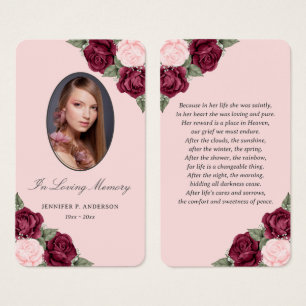 Tarjeta de oración de funerales rosa rojo floral v