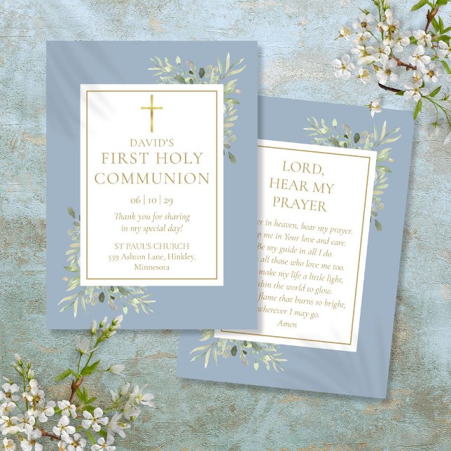 Tarjeta de oración de la Comunión Azul Verde Prime (Greenery Blue First Holy Communion Prayer Card)