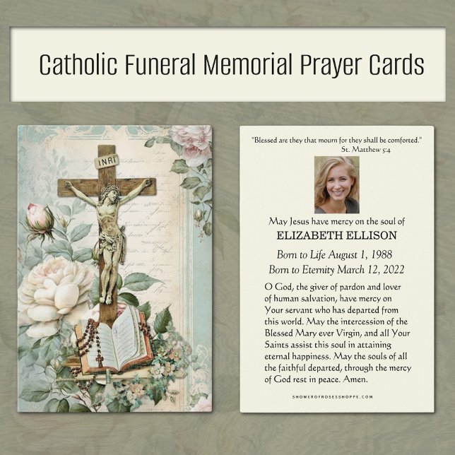 Tarjeta de oración de la Escritura de la Escritura (Vintage Catholic Funeral Memorial Prayer Cards with Crucified and Roses)