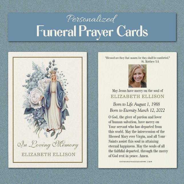 Tarjeta de oración de la Virgen Azul María Funeral (Personalized Catholic Funeral Memorial Prayer Cards of the Blessed Virgin Mary, Our Lady of Grace)