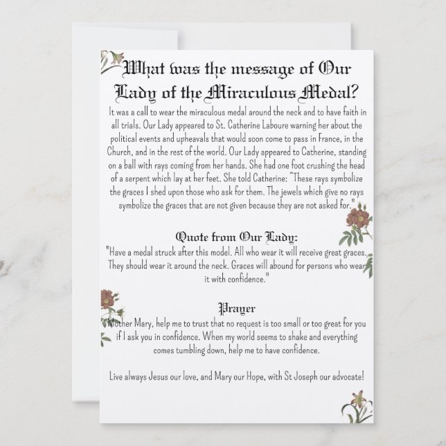 Tarjeta de oración de nuestra Señora de la Milagro (Reverso)