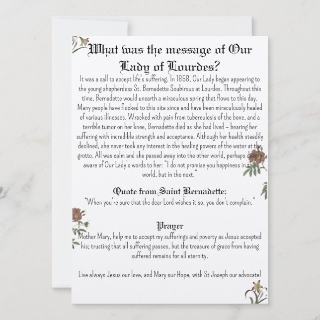 Tarjeta de oración de Nuestra Señora de Lourdes (Reverso)
