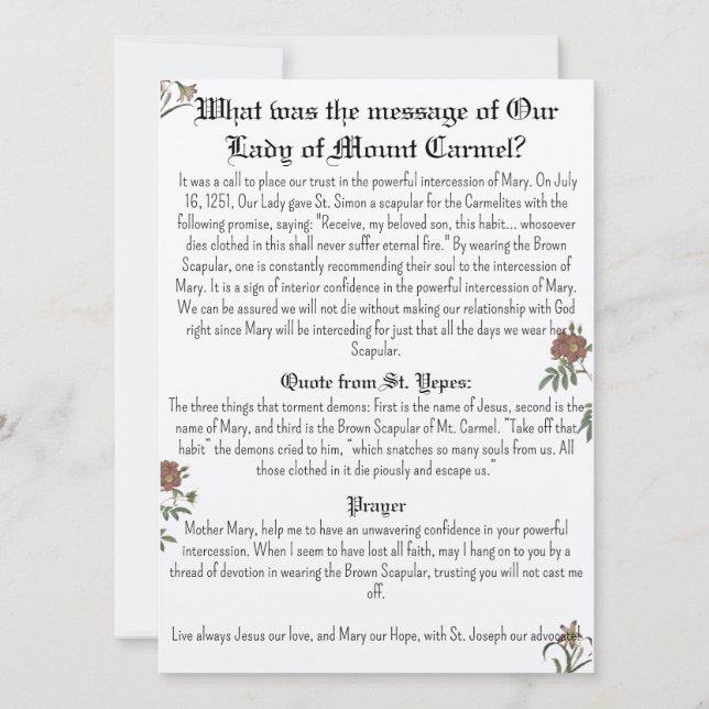 Tarjeta de oración de Nuestra Señora del Monte Car (Reverso)