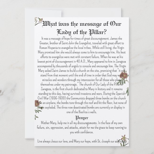 Tarjeta de oración de Nuestra Señora del Pilar (Reverso)