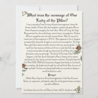 Tarjeta de oración de Nuestra Señora del Pilar