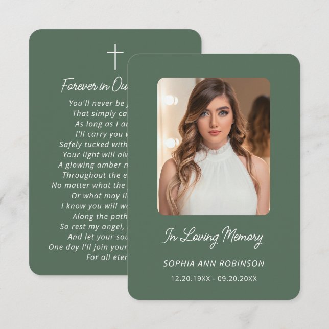 Tarjeta de oración de recuerdo de funeral en verde (Anverso / Reverso)