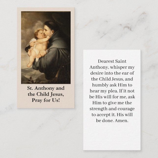 Tarjeta de oración de San Antonio y Niño Jesús (Anverso / Reverso)