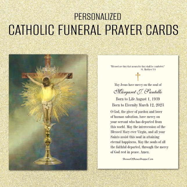 Tarjeta de oración del funeral católico Jesús Memo (Traditional Catholic Funeral Memorial Prayer Card with Jesus Crucified on Cross)