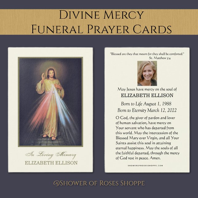 Tarjeta de Oración del Funeral de Jesús Divino de  (Catholic Divine Mercy Funeral Memorial Prayer Cards - Easy to personalize)