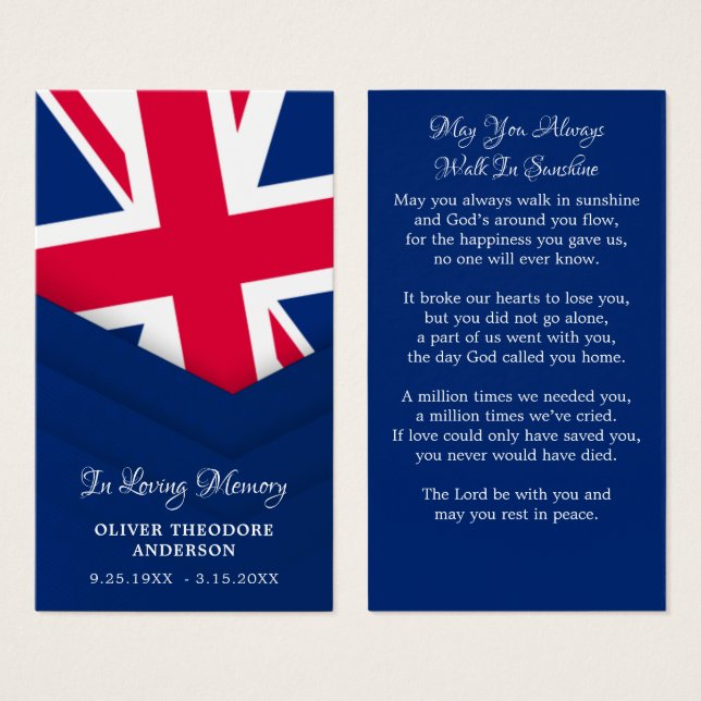 Tarjeta de Oración del Funeral de la Bandera Britá (Anverso y reverso)