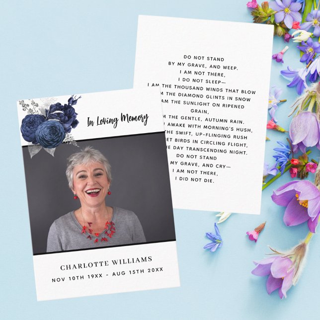 Tarjeta de oración fúnebre floral azul foto blanca (Subido por el creador)
