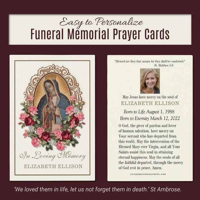 Tarjeta de Oración Fúnebre Floral Católica Guadalu (Our Lady of Guadalupe Traditional Catholic Funeral Memorial Prayer Cards)