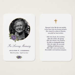 Tarjeta de oración fúnebre morado de oro floral