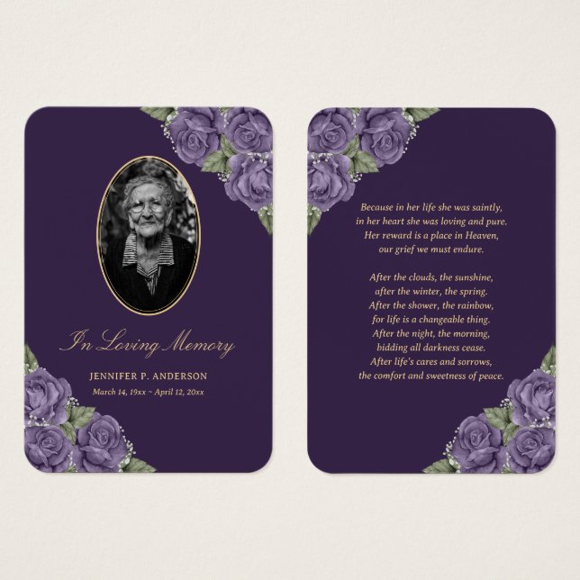 Tarjeta de oración fúnebre morado floral (Anverso y reverso)