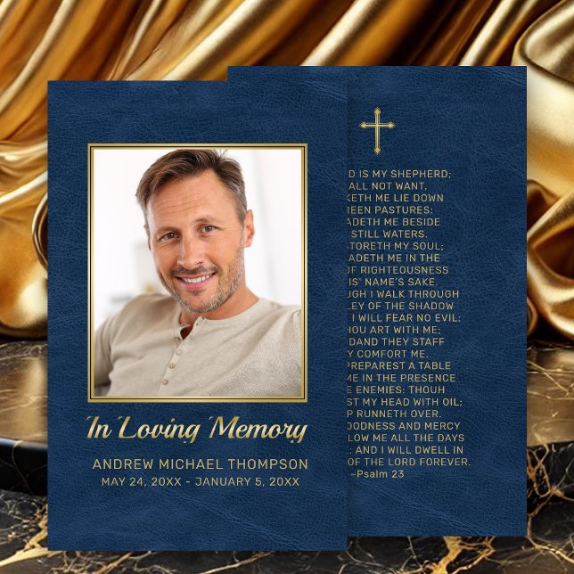 Tarjeta de oración funeral de la foto cristiana de (In Loving Memory Blue Faux Leather Photo Funeral Prayer Card with gold cross.)