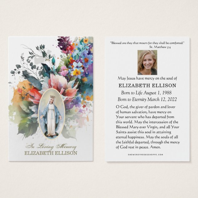 Tarjeta de Oración Funeral de la Virgen Floral Mar (Anverso y reverso)