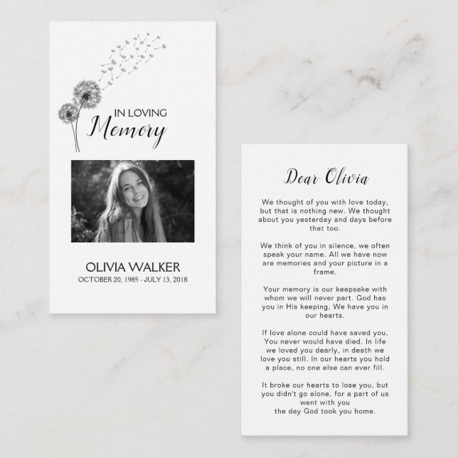 Tarjeta de oración funeraria del poema Botanicals  (Anverso / Reverso)