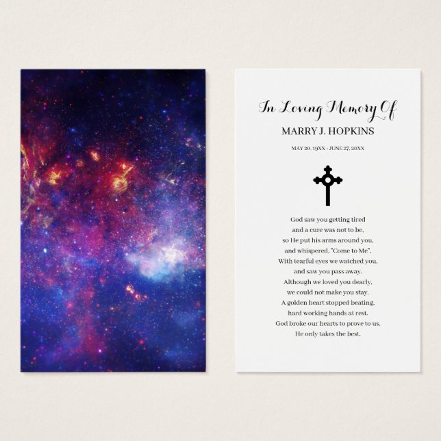 Tarjeta de oración funeraria Galaxy Nebula Sympath (Anverso y reverso)