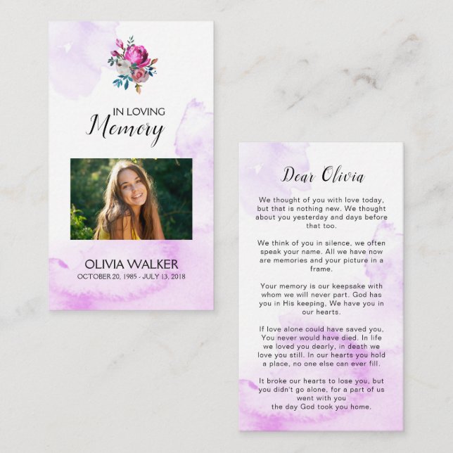 Tarjeta de oración funeraria Purple Memorial Poem  (Anverso / Reverso)