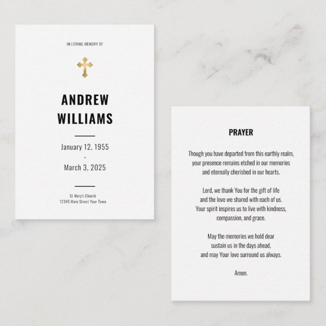 Tarjeta de oración funeraria simple negro y blanco (Anverso / Reverso)