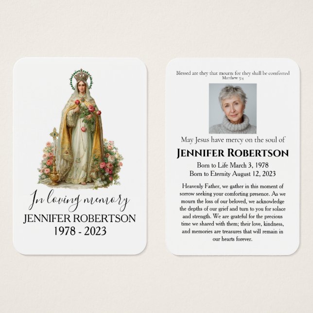 Tarjeta de oración memorial fúnebre católica de la (Anverso y reverso)